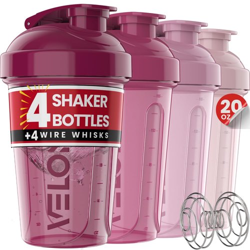 VELOMIX -4 PACK- 20 oz Protein Shaker Bottle for Protein Mixes - 4x Wire Whisk | Leak Proof Shaker Cups for Protein Shakes | Stackable Protein Shaker Bottle Pack | Dishwasher Safe (Berry Blend)