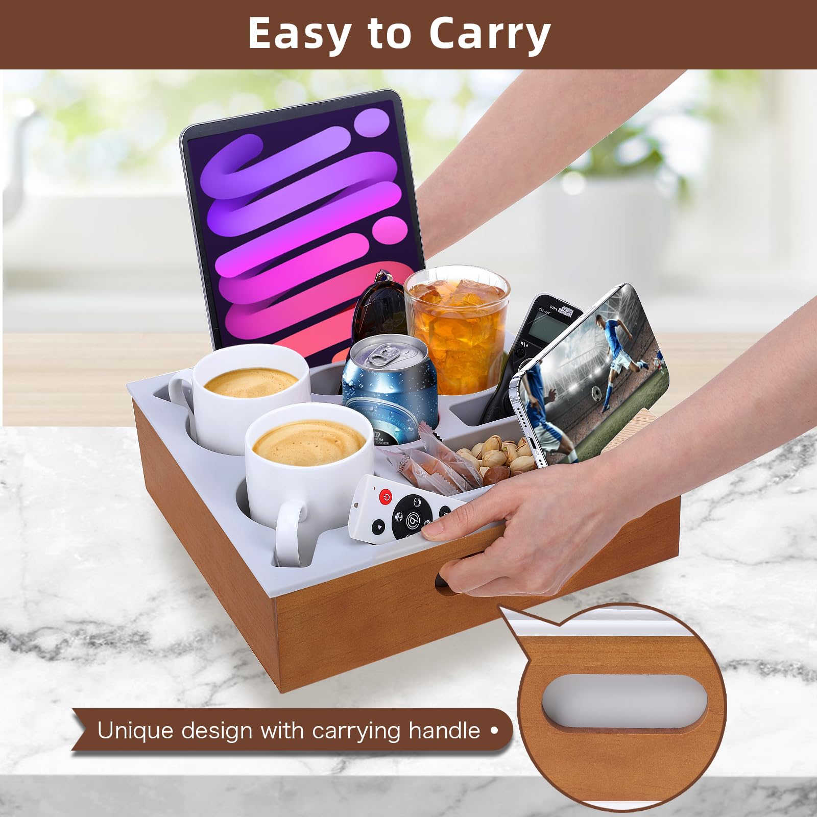 Hanaoyo Couch Cup Holder Tray, Soft Silicone Wooden Couch Caddy with Carrying Handle, Sofa Cup Holder for Bed Car Beach Organizer, Anti-Spill Sofa Cup Holder for Snacks Beverage Remote (Brown)