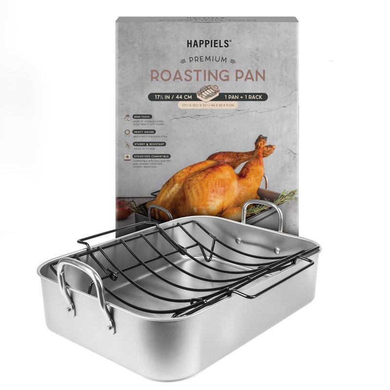 HAPPIELS 17x12.5 inch Roasting Pan with Nonstick Rack, Stainless Steel Turkey Roasting Pan 20-25 lb