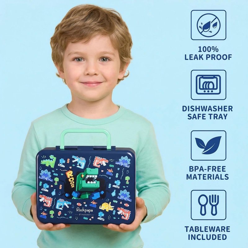 rockpapa Chill Bento Box for Kids- Large 5.5 Cups Lunch Box with Ice Pack - 5 Compartments, BPA-Free, Leak Proof, with Utensils & Portable Handle, Microwave/Dishwasher Safe (Blue Dinosaur)