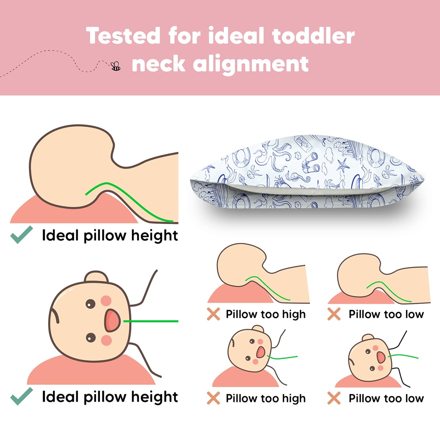 My Little Dreamy Toddler Pillow - Organic Cotton Travel Bed Pillow with Case | Soft & Breathable, 13x18 Inches for Ages 2-5 (Nautical)