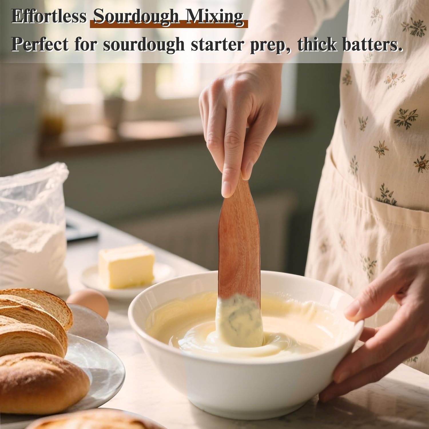 Skiennix 2Pcs Skinny Spurtle Set - Perfect for Sourdough Starter & Mixing | Wooden Kitchen Tools