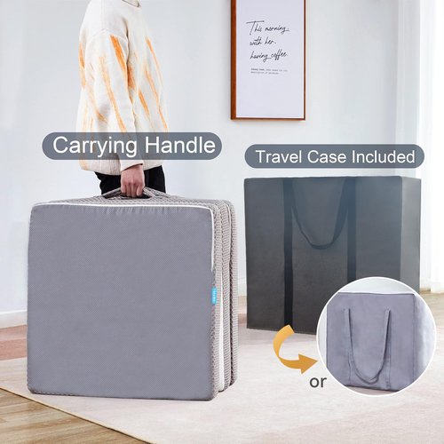 Kingfun Foldable Mat 3.95 Inch Folding Mat Tri-fold Gel Memory Foam Breathable with Storage Bag, Portable Floor Guest Bed Soft for Sleeping Camping, Gray, Single Size