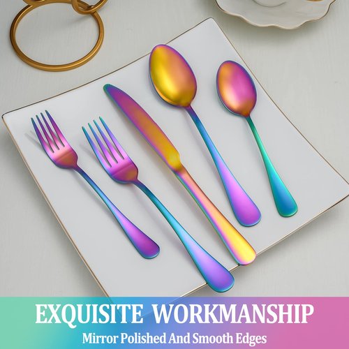 40 Pcs Rainbow Silverware Set Service for 8,Stainless Steel Flatware Serving Sets,Kitchen Tableware Set,Utensil Set for Home and Restaurant,Knives Forks Spoons Set,Mirror Polished,Dishwasher Safe
