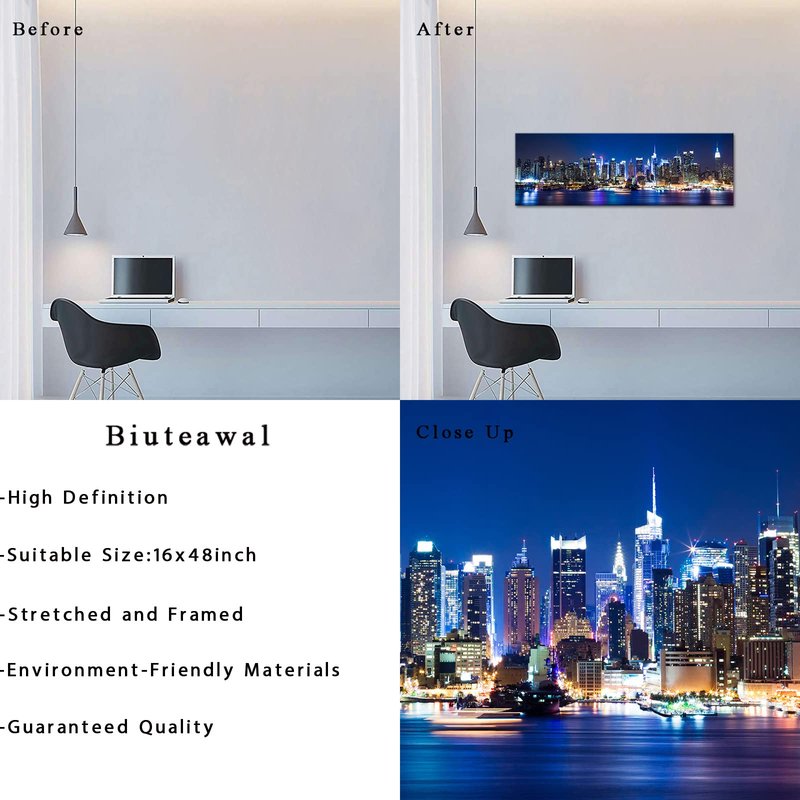 Biuteawal New York Wall Art Living Room Decor Beautiful Manhattan City Skyline Night Light Photo Poster Prints on Canvas Blue Cityscape Picture for Home Office Bedroom Decoration Ready to Hang