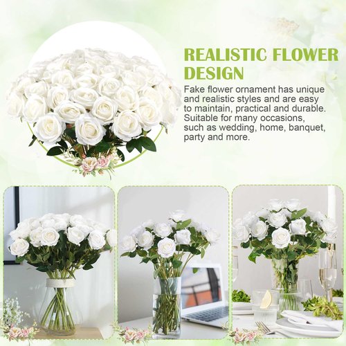 Rowfad 120 Pcs Artificial Roses Bulk Velvet Silk White Roses White Roses for Wedding Centerpieces Bridal Bouquet Mohter's Day Home Decor (120, White)