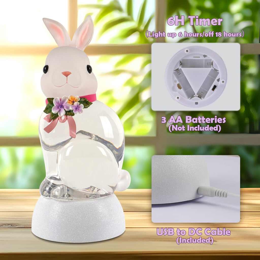 Spring Rabbit Snow Globe Lantern - Glittering Bunny Decor with 6-Hour Timer | USB & Battery Powered