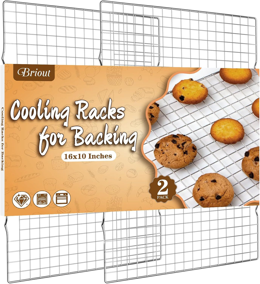 Skiennix Cooling Rack - 2-Pack Thick Wire Baking Rack | 16x10 Inches, Oven Safe, Fits Half Sheet Pan, Silver