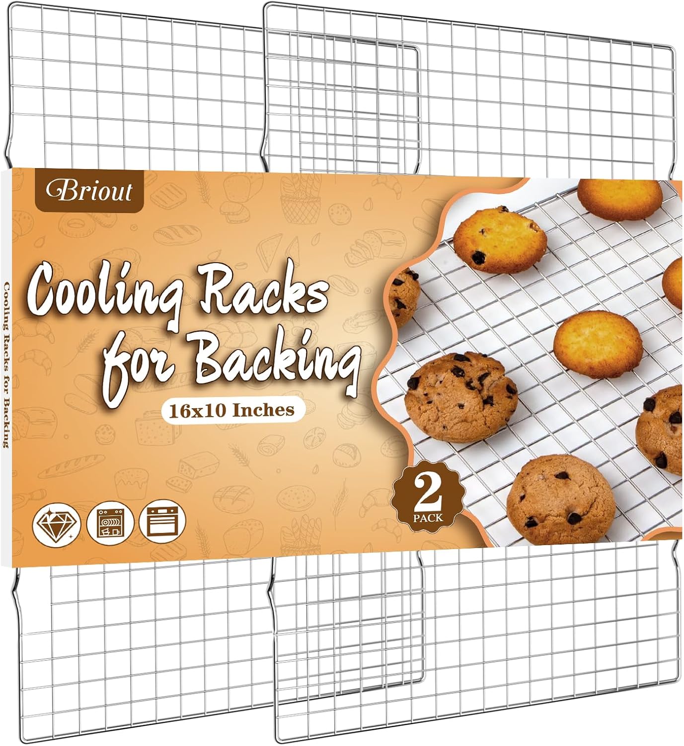 Skiennix Cooling Rack - 2-Pack Thick Wire Baking Rack | 16x10 Inches, Oven Safe, Fits Half Sheet Pan, Silver