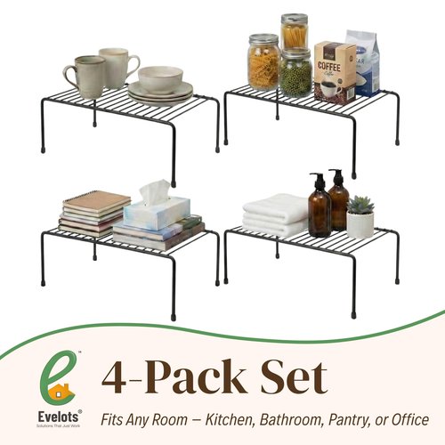 Evelots Kitchen Cabinet Wire Shelf Organizer/Rack - 4 Pack Sturdy Metal Shelf Risers - Double Your Counter Space - Great for Kitchen, Freezer, Pantry and Bathroom - Rustproof - Black