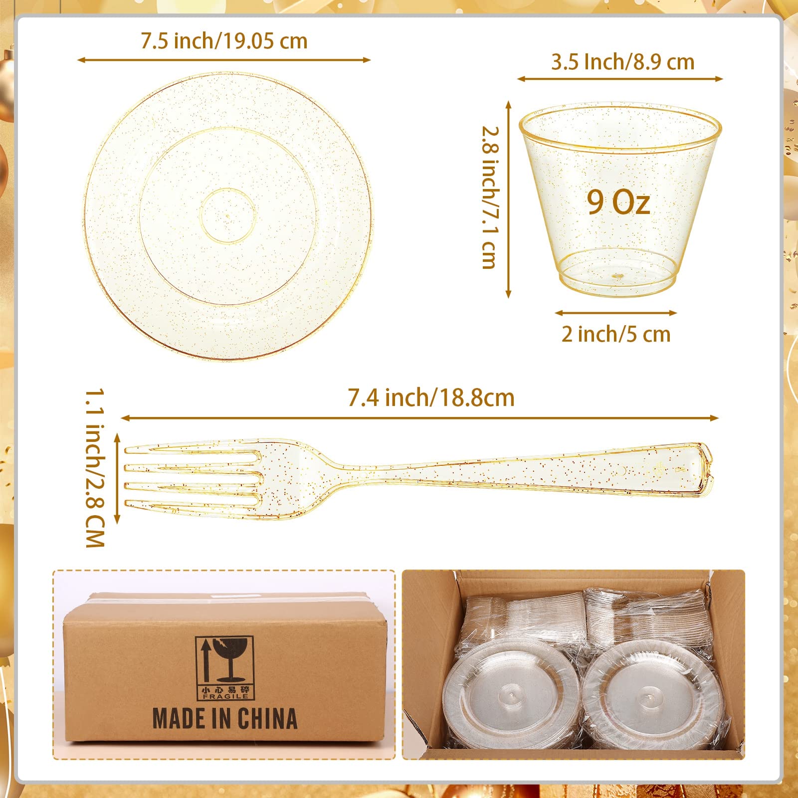 Honeydak 300 Pcs Gold Glitter Plastic Dinnerware Set for 100 Guests, 100 Wedding Plates 7.5 Inch, 100 Cup Gold 9 Oz, 100 Dessert Forks for Bride Party Engagement Anniversary Birthday