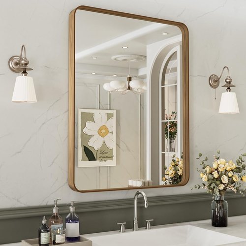 LOAAO Bathroom Mirror - 32X36 Inch Rounded Rectangle with Wood Grain Metal Frame | Anti-Rust, Versatile Hanging Options