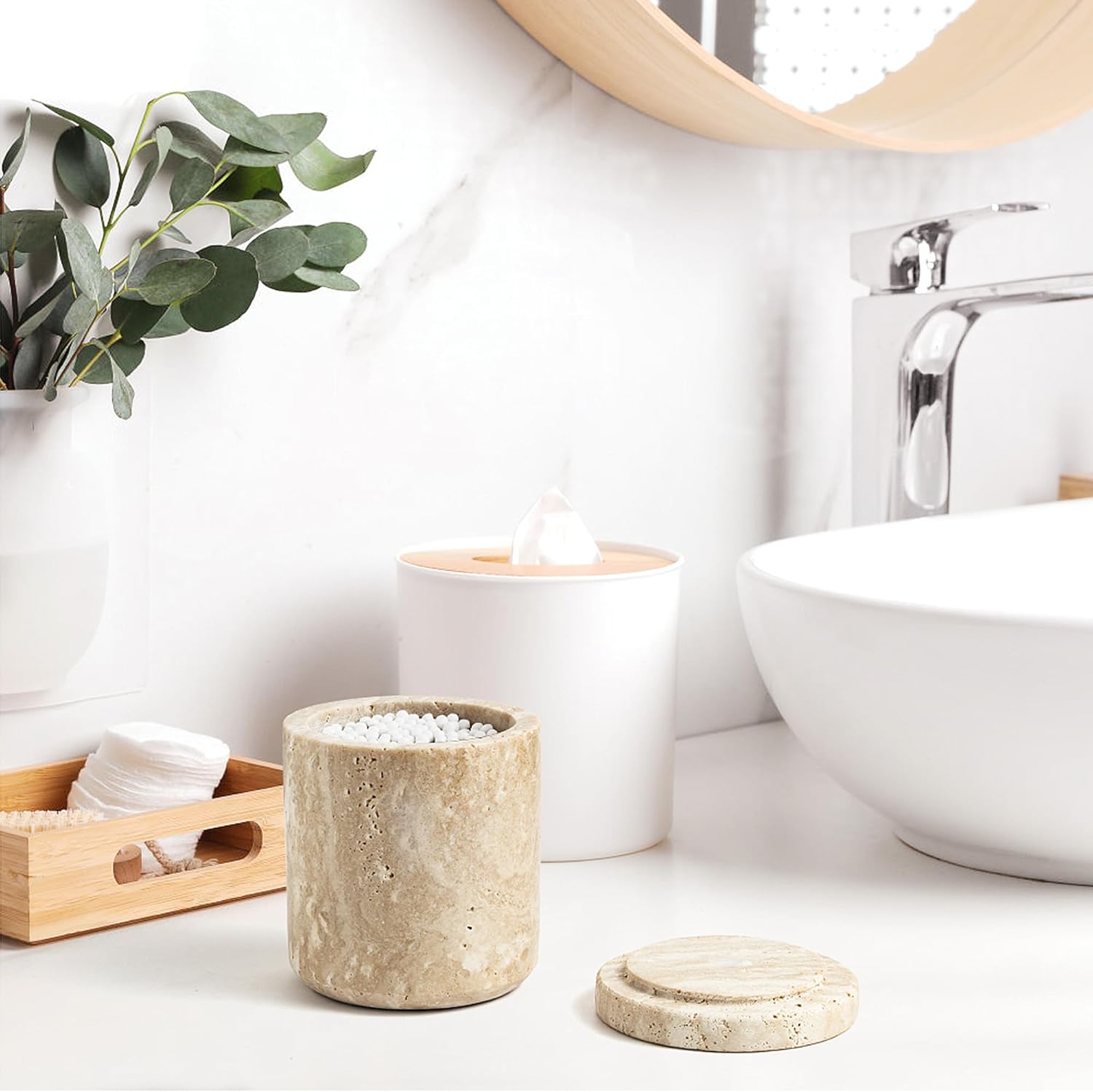 WORHE Travertine Qtip Holder - Large Capacity Marble Dispenser with Lid for Bathroom Essentials | Beige