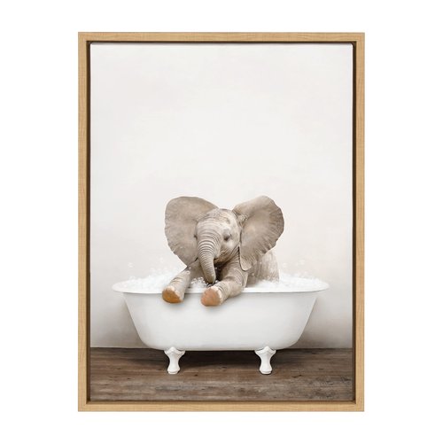 Kate and Laurel Sylvie Baby Elephant No 6 in Rustic Bath Framed Canvas Wall Art by Amy Peterson Art Studio; 18x24 Natural; Modern Fun Decorative Bathtub Wall Art for Home Décor