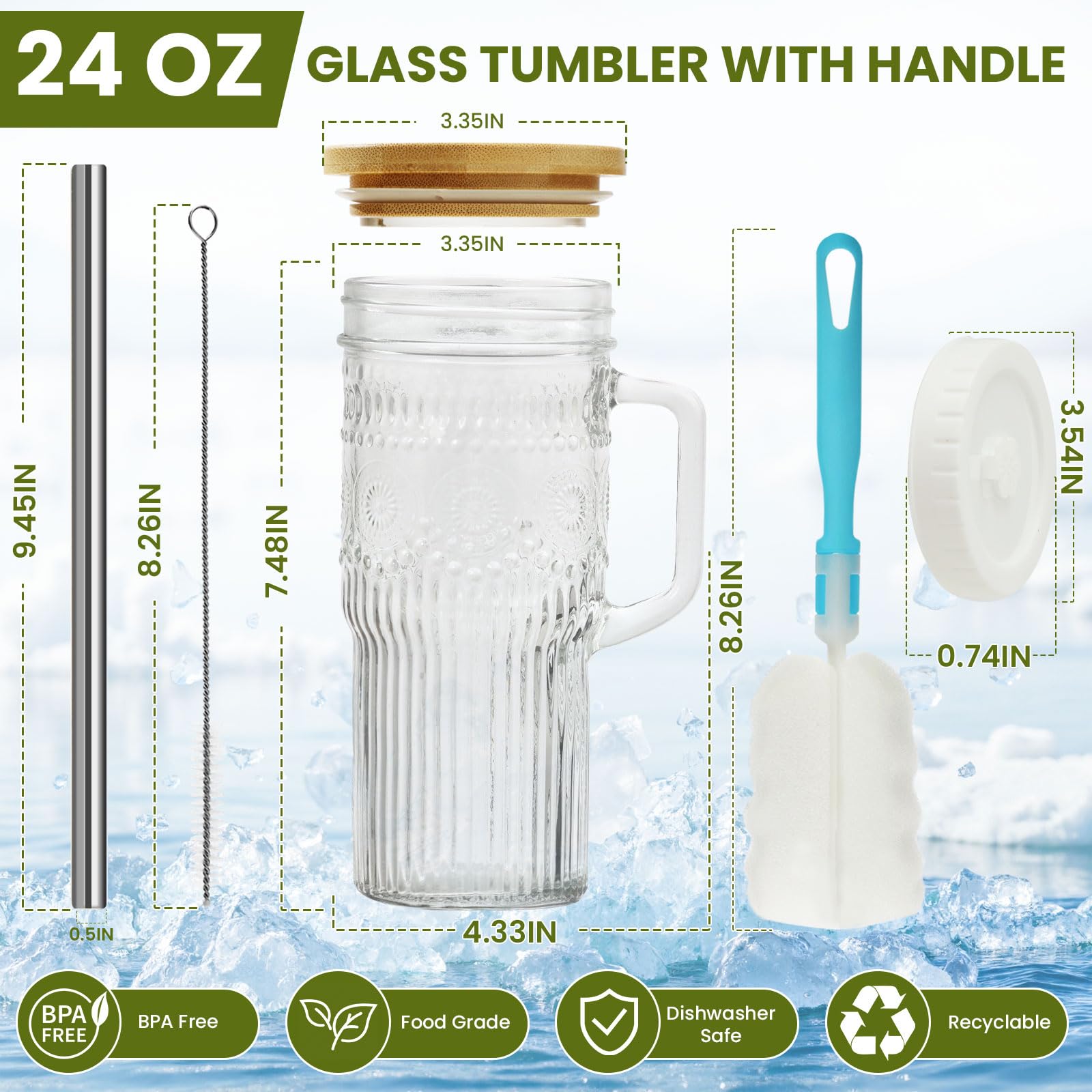 OTOB 4 Pack Glass Tumbler with Straws and Lids, Boho 24oz Iced Coffee Cup Mason Jar Cups, Smoothie Cup with Handle Bamboo Lid, Wide Mouth Boba Drinking Water Glasses for Beer Fruit Water Tea Coffee