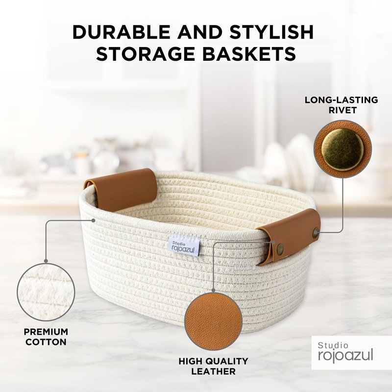 Rope Storage Basket with Leather Handles - Stylish Nursery Storage Bins - Multipurpose Woven Rope Basket - Durable Cotton Organizer - Perfect Gifts for Kids' Room - Small Woven Basket - 3 Sizes