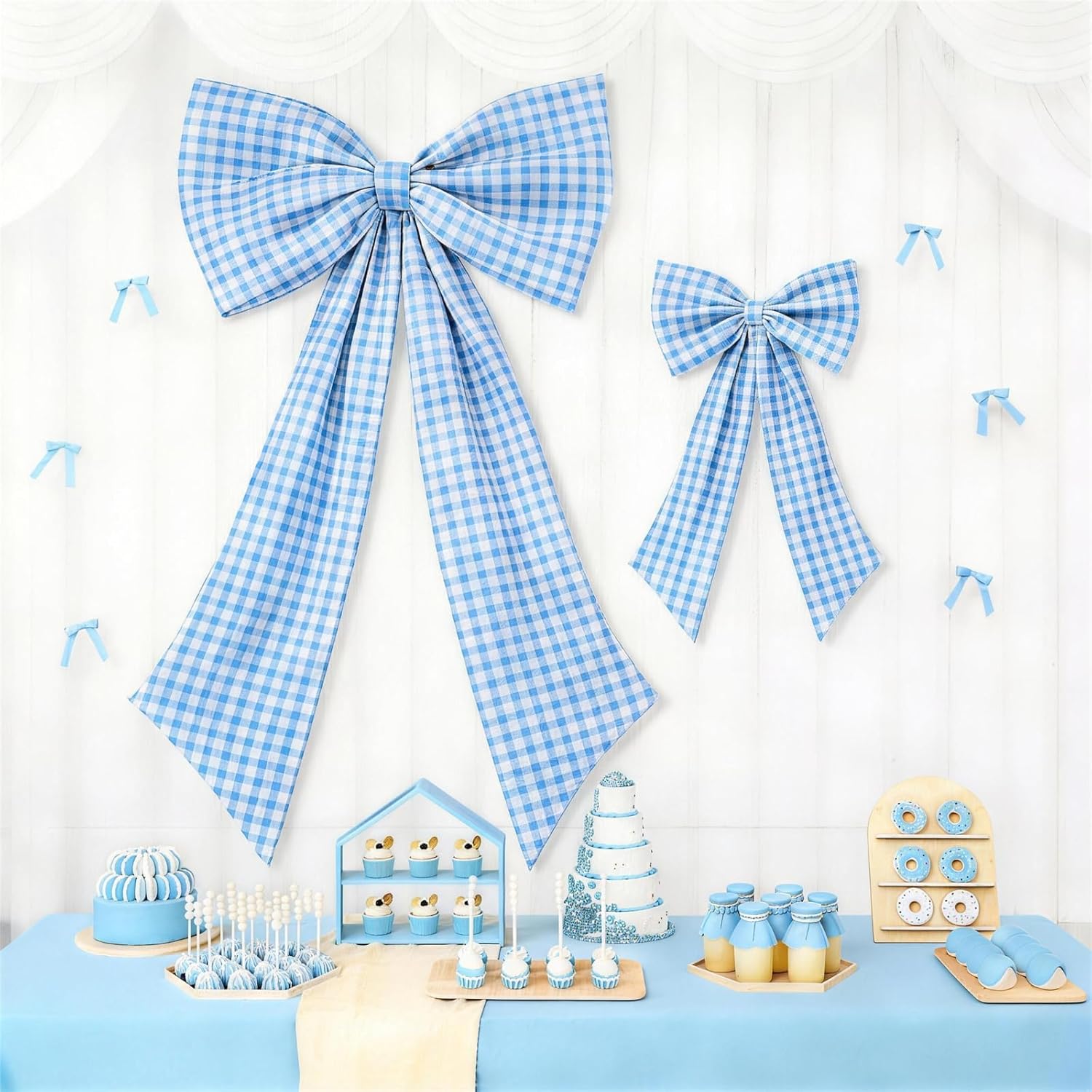 One Silly Goose Blue Checkered Bow Decor - 2 Pack for Coquette Room Backdrop | Large & Small