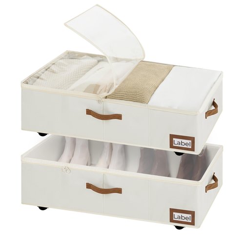 StorageWorks Under Bed Storage with Wheels, 10" Underbed Storage Containers with Lid, 90L Clothes Organizer for Blankets, Sweaters, Bedding, 2-Pack, Beige