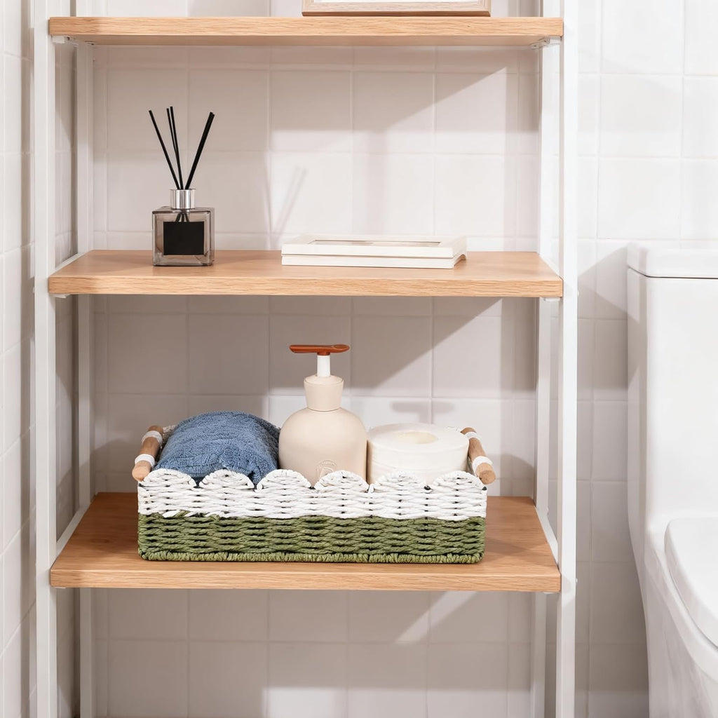 Regine Switzerland Scalloped Edge Toilet Paper Storage Basket - Handwoven Paper Rope Design | Small Size with 2 Wooden Handles