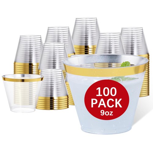 Hioasis 100Pcs 9OZ Clear Plastic Cups with Gold Trim - Plastic Disposable Cups, Heavy Duty & BPA-free for Party, Wedding, Celebrations