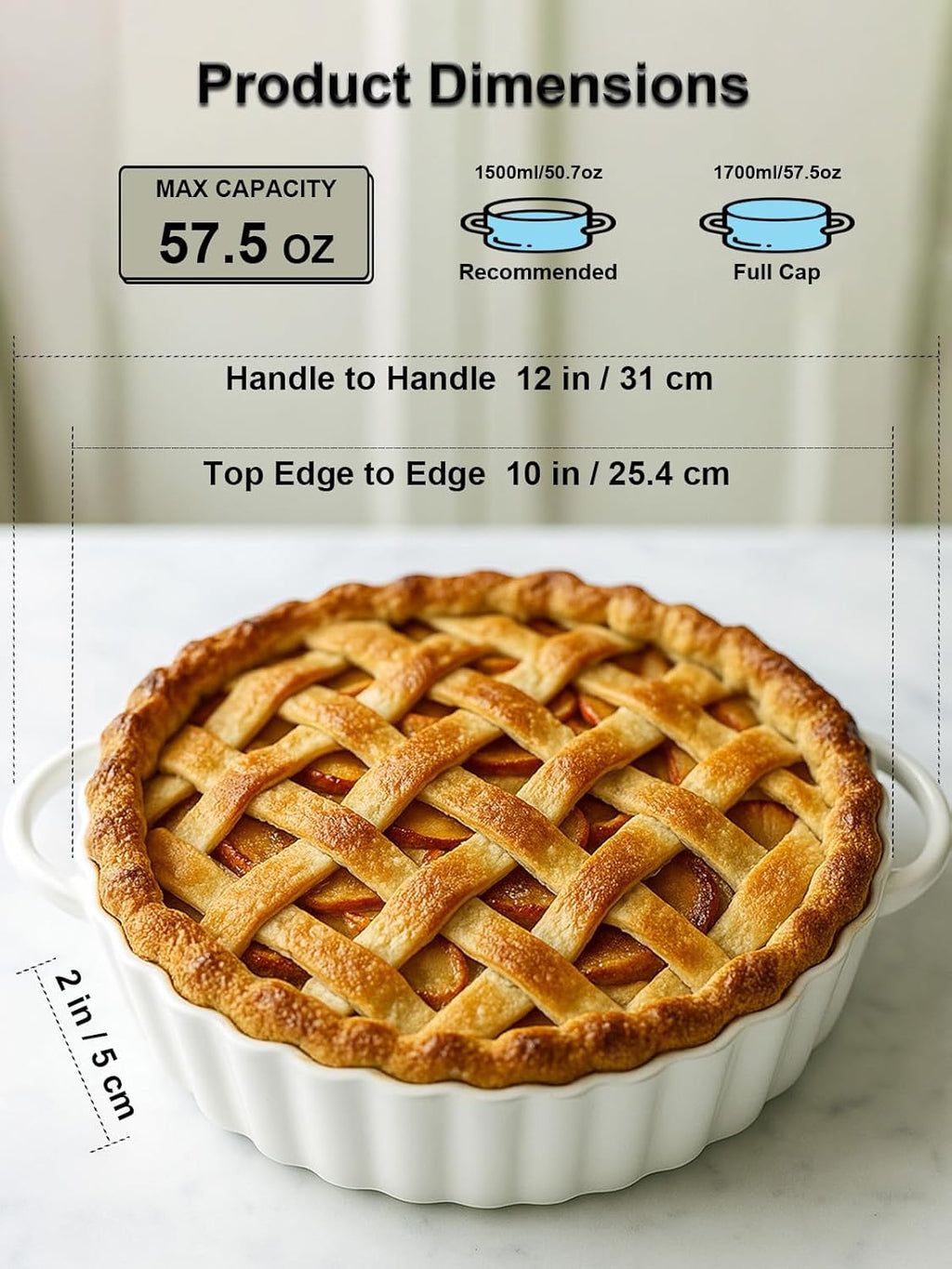Skiennix Deep Ceramic Pie Pan - 10x2 Inch with Easy Grip Handles | Lead-Free, Oven & Dishwasher Safe, Ideal for Baking Pies, Quiches, and Casseroles