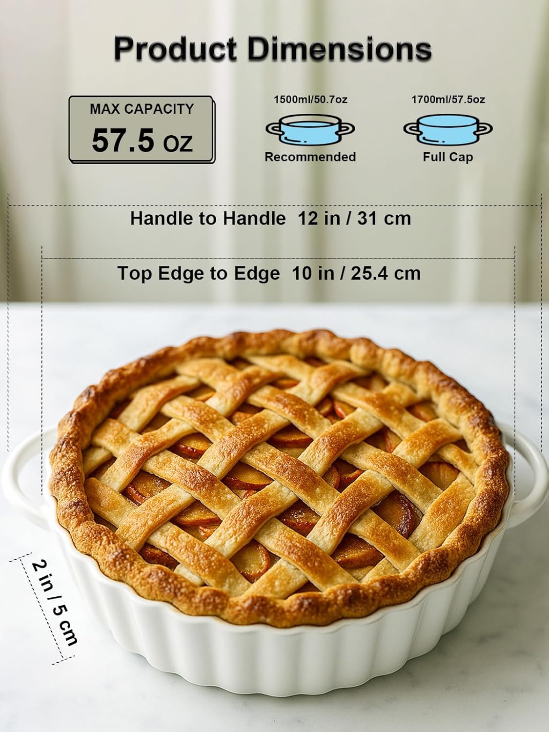 Skiennix Deep Ceramic Pie Pan - 10x2 Inch with Easy Grip Handles | Lead-Free, Oven & Dishwasher Safe, Ideal for Baking Pies, Quiches, and Casseroles
