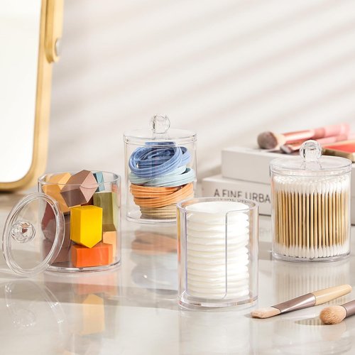AOZITA Acrylic Qtip Holder Dispenser - 4 Pcs Clear Plastic Apothecary Jar Set for Bathroom Storage