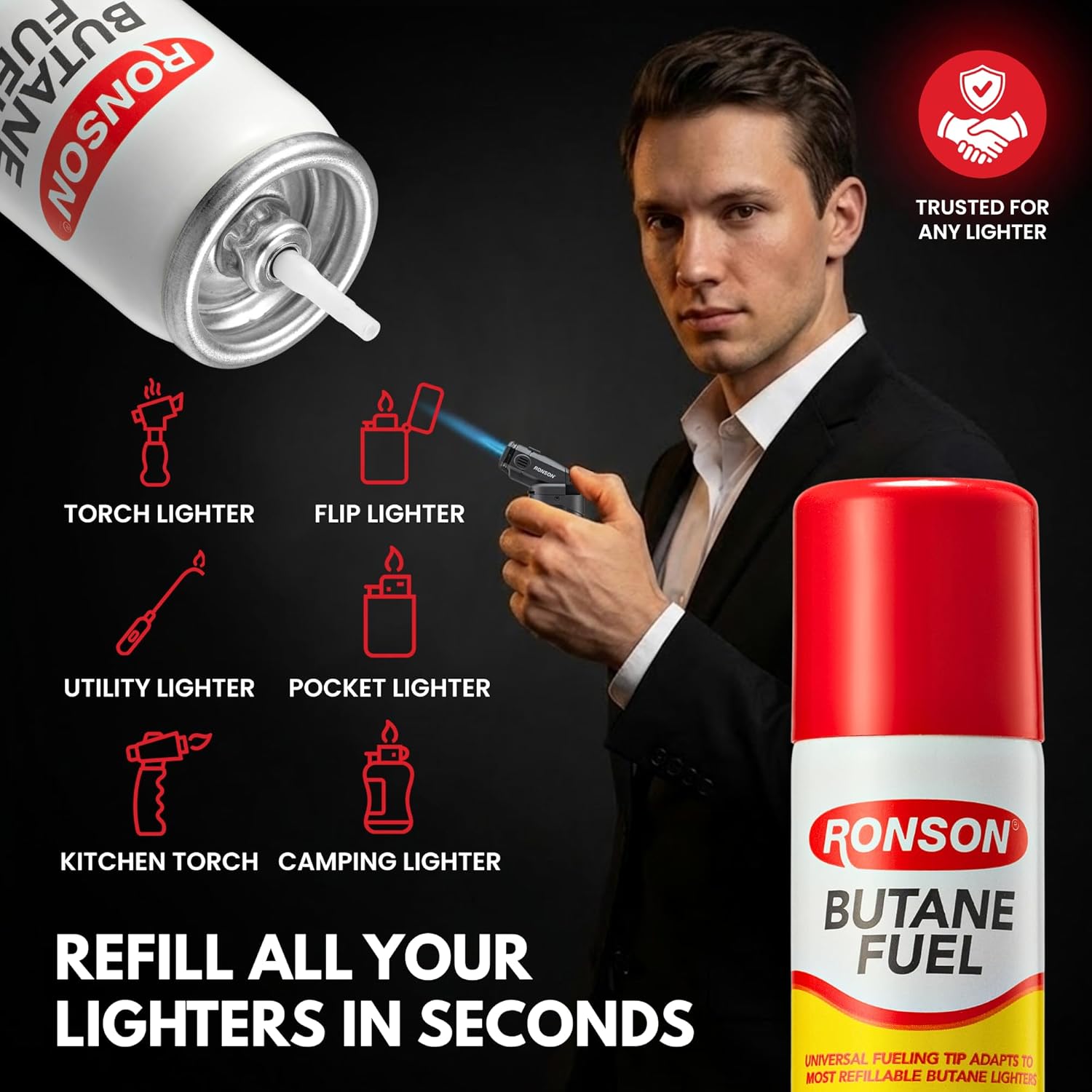 Ronson Butane Fuel Refill 75ml - Clean Burning Universal Lighter Fluid for Torch & Kitchen Use | Pack of 2