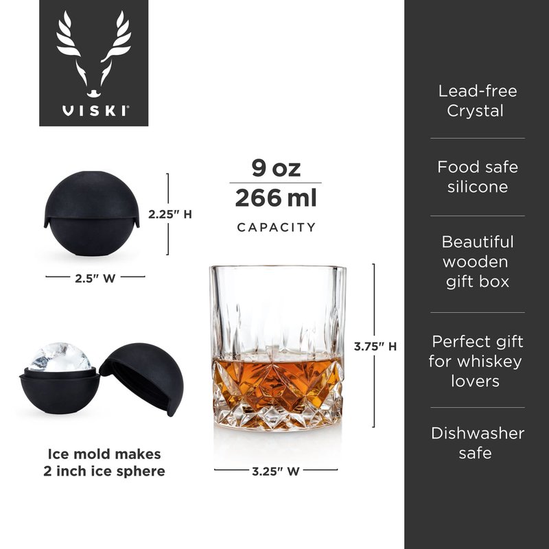 Viski Whiskey Glasses and Ice Sphere Molds Set in Wooden Gift Box, Stylish Lowball Glasses and Silicone Ice Molds, Elegant Barware for Cocktails, Margarita, Bourbon, Home Bar, Wedding Gifts, Set of 8