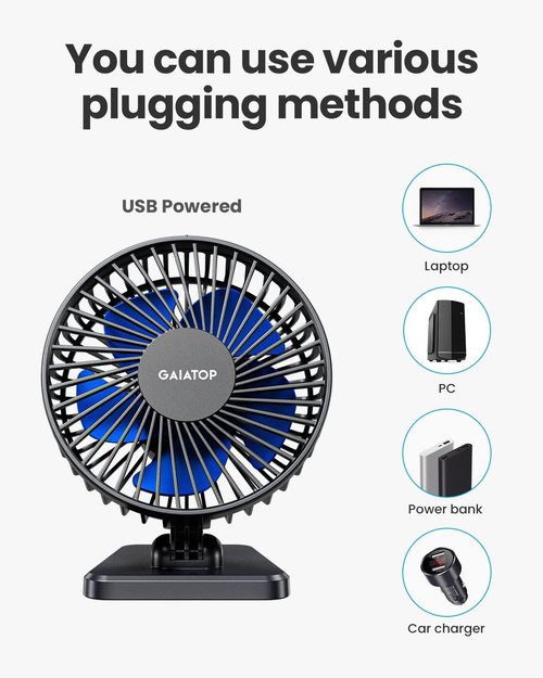 Gaiatop USB Desk Fan - Powerful Portable Mini Fan with 3 Speeds | Quiet Cooling for Home, Office & Travel - Blue