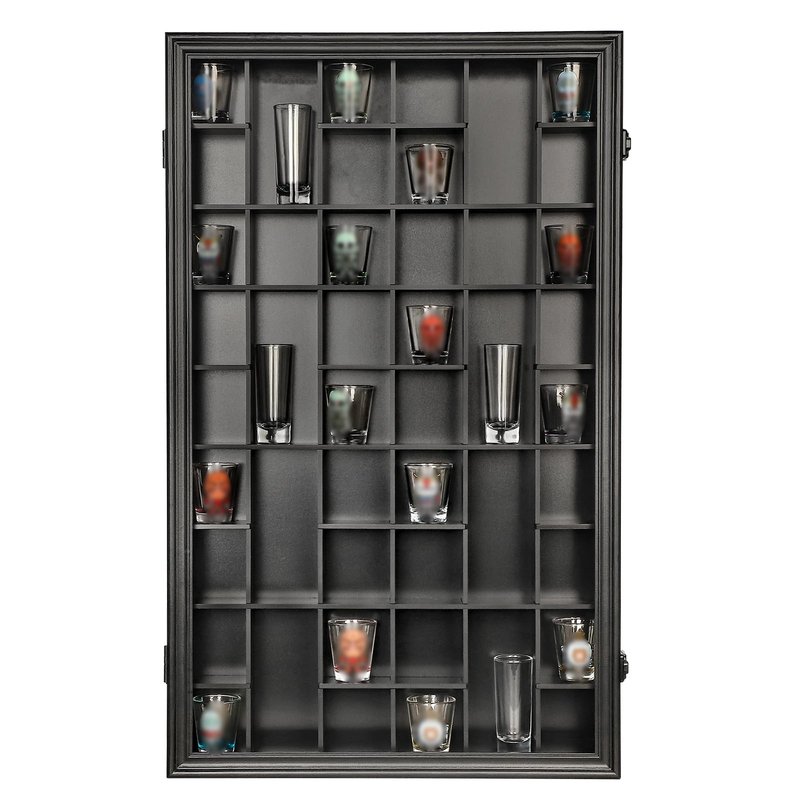 Sboitflmm 46 Shot Glass Display Case - Wall Mount Wooden Lockable with Removable Shelves, UV Protection Acrylic Shot Glass Door, Black