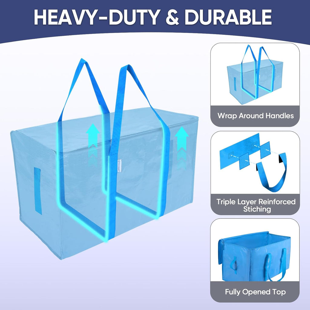 TICONN Extra Large Heavy-Duty Moving Bags - Durable Storage with Zippers & Handles | 6 Pack, Sky Blue