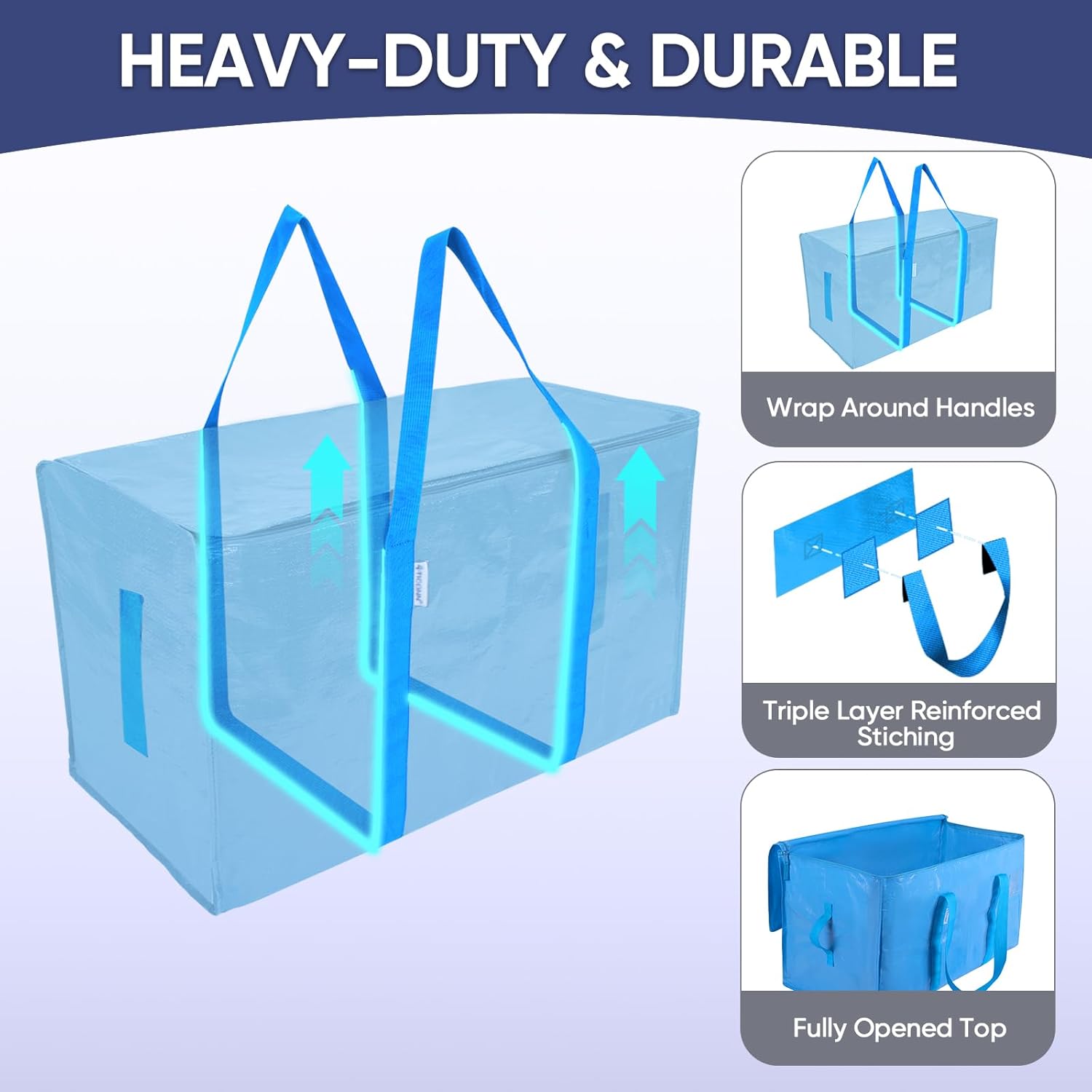 TICONN Extra Large Heavy-Duty Moving Bags - Durable Storage with Zippers & Handles | 6 Pack, Sky Blue