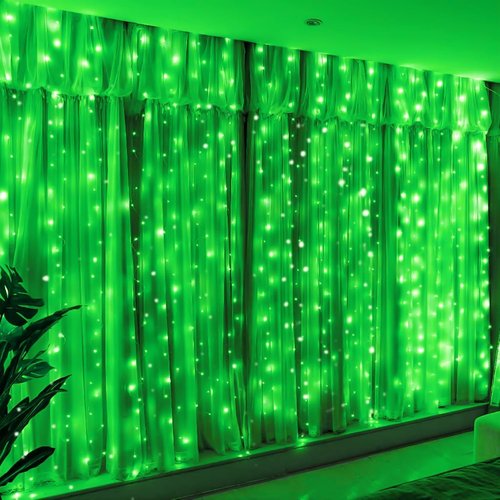 HXWEIYE 300LED Fairy Curtain Lights - 9.8x9.8Ft USB Plug-In with Remote | 8 Modes for Indoor Decor, Green
