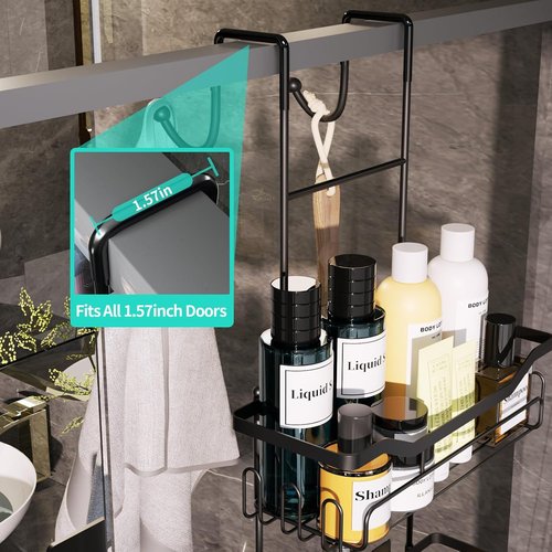 HapiRm Hanging Shower Caddy - No-Drill Over the Door Organizer with Soap Holder & 11 Hooks | Rustproof 304 Stainless Steel - Black