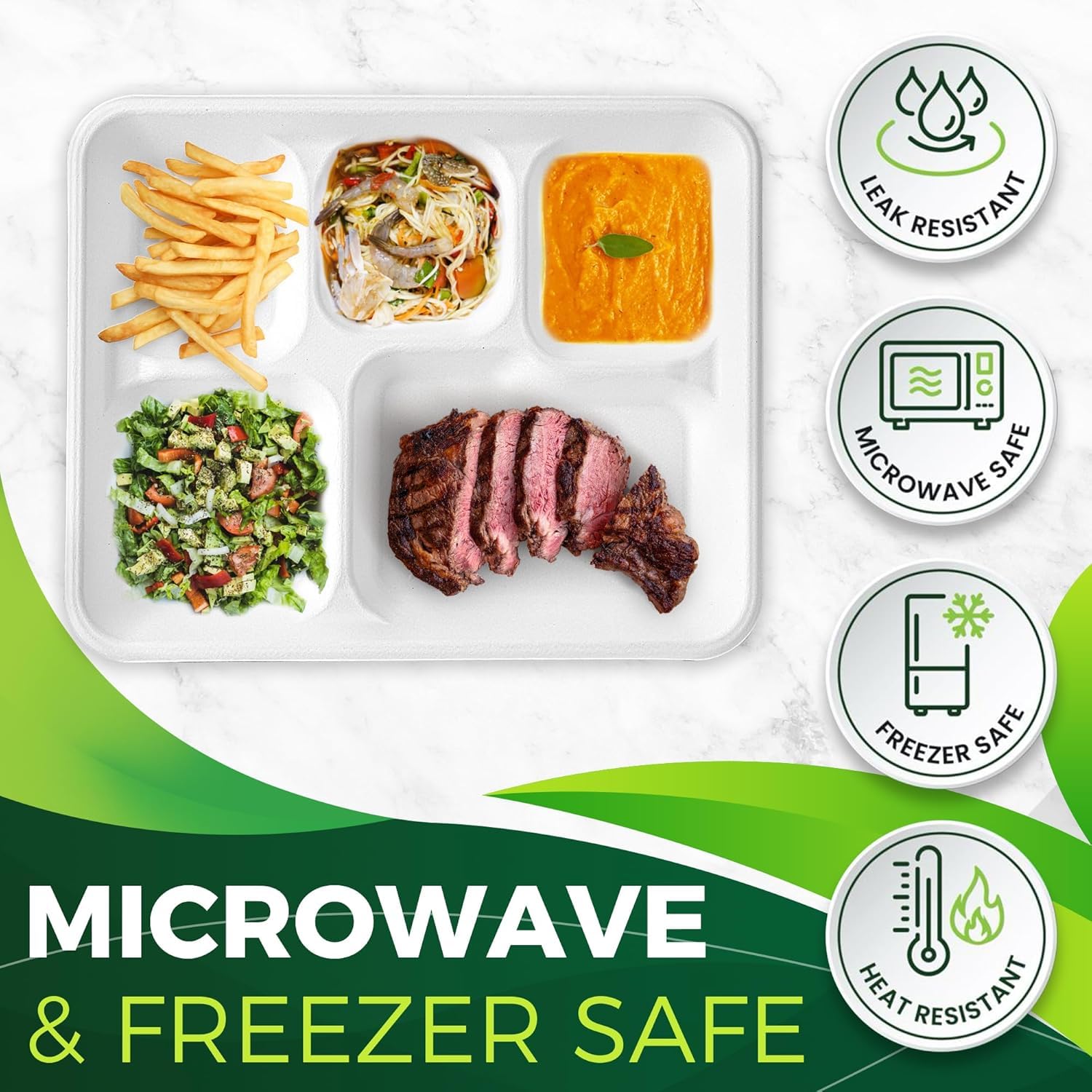 BIRCHIO 100 Pack 5-Compartment Plate Disposable, Compostable Divided Disposable Dinner Plates, Paper Tray for Food for Dinner and Party