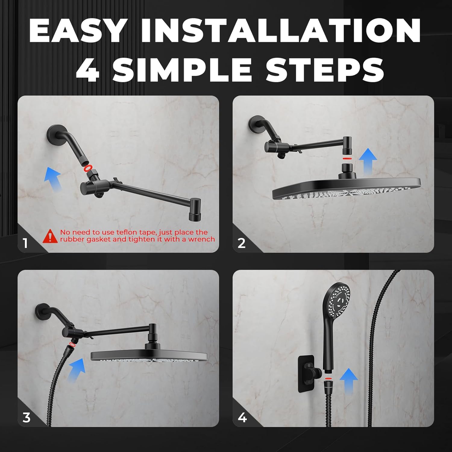 Skiennix Wide Rain Shower Head - 5 Modes Handheld Showerhead Combo with High Pressure | Adjustable Black Design