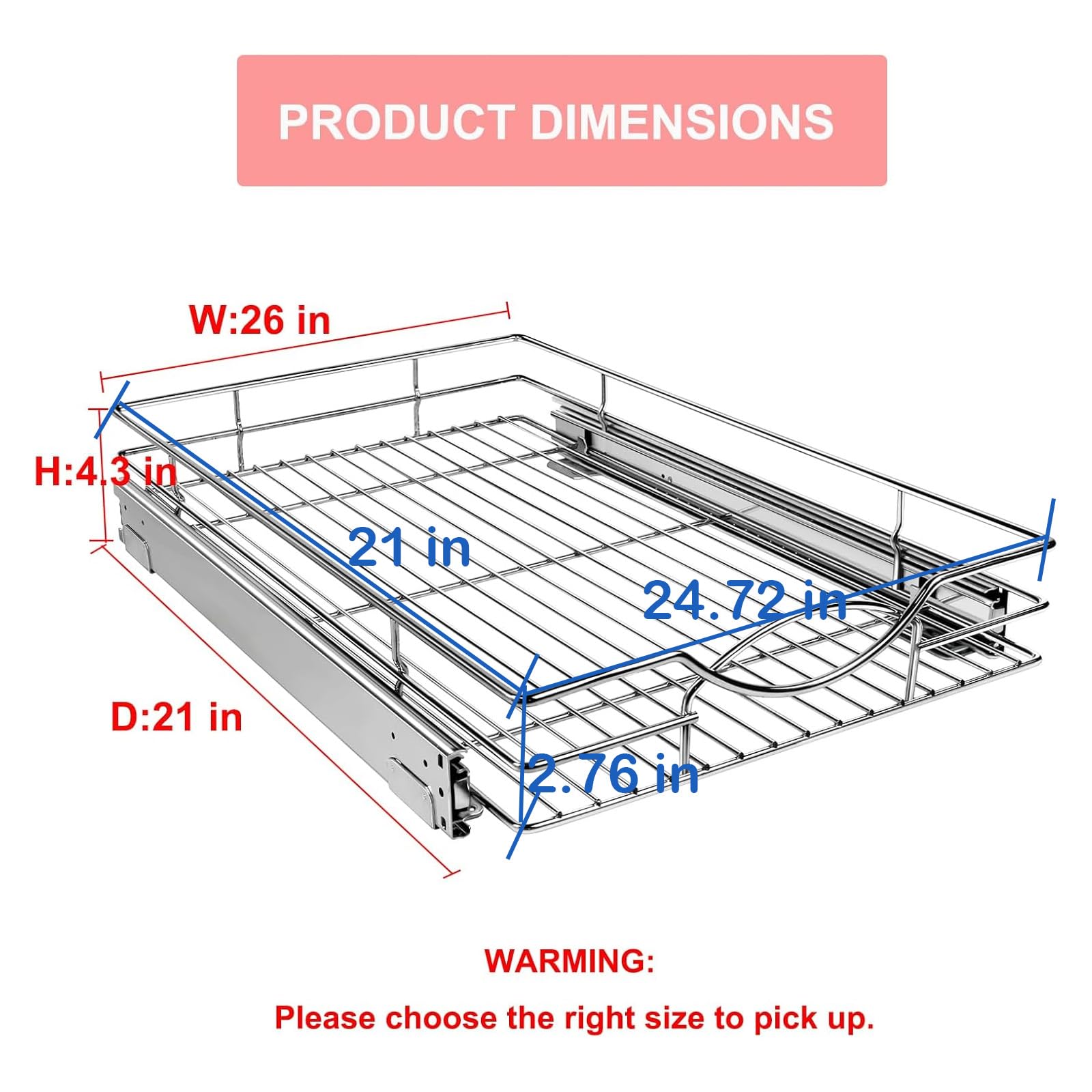 Sikarou Pull Out Cabinet Organizer 26" W x 21" D, Heavy Duty Kitchen Cabinet Pull Out Shelves, Slide Out Wire Basket for Kitchen Cabinets, Bathroom, Pantry, Chrome Finish