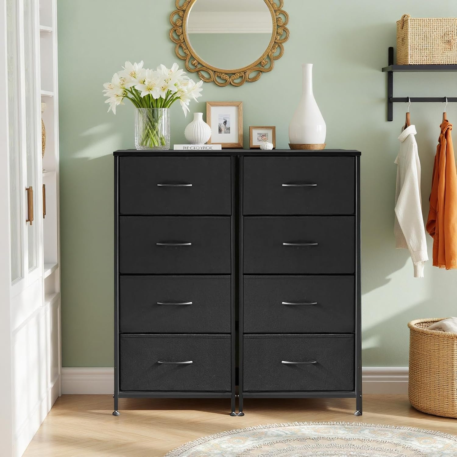 Regine Switzerland 4-Drawer Nightstand - Stylish Bedside Table with Wooden Top & Fabric Bins | Black