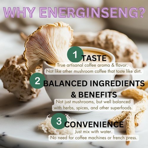 Energinseng Mushroom Coffee Instant Latte – Lion’s Mane, Reishi, Ginseng Adaptogen Coffee – Instant Coffee Alternative for Energy & Focus – Arabica & Robusta Blend – 14.11oz