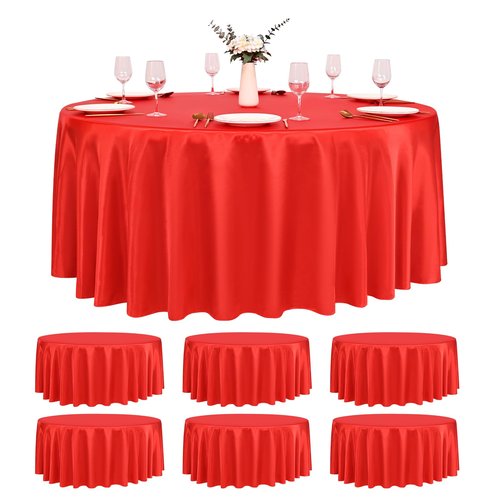 Pesonlook 6 Pack Red Round Tablecloth, 108 Inch Satin Fabric Tablecloth for Round Table, Wrinkle Resistant Washable TableCover Bright Silk TableClothes for Wedding Party Dining Table Banquet