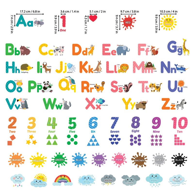 DECOWALL DS12-8070N Animal Alphabet Numbers Colour Weather Kids Wall Stickers Decals playroom Letters Decor Bedroom ABC Nursery Classroom Toddlers Learning Educational Baby Rainbow Colorful