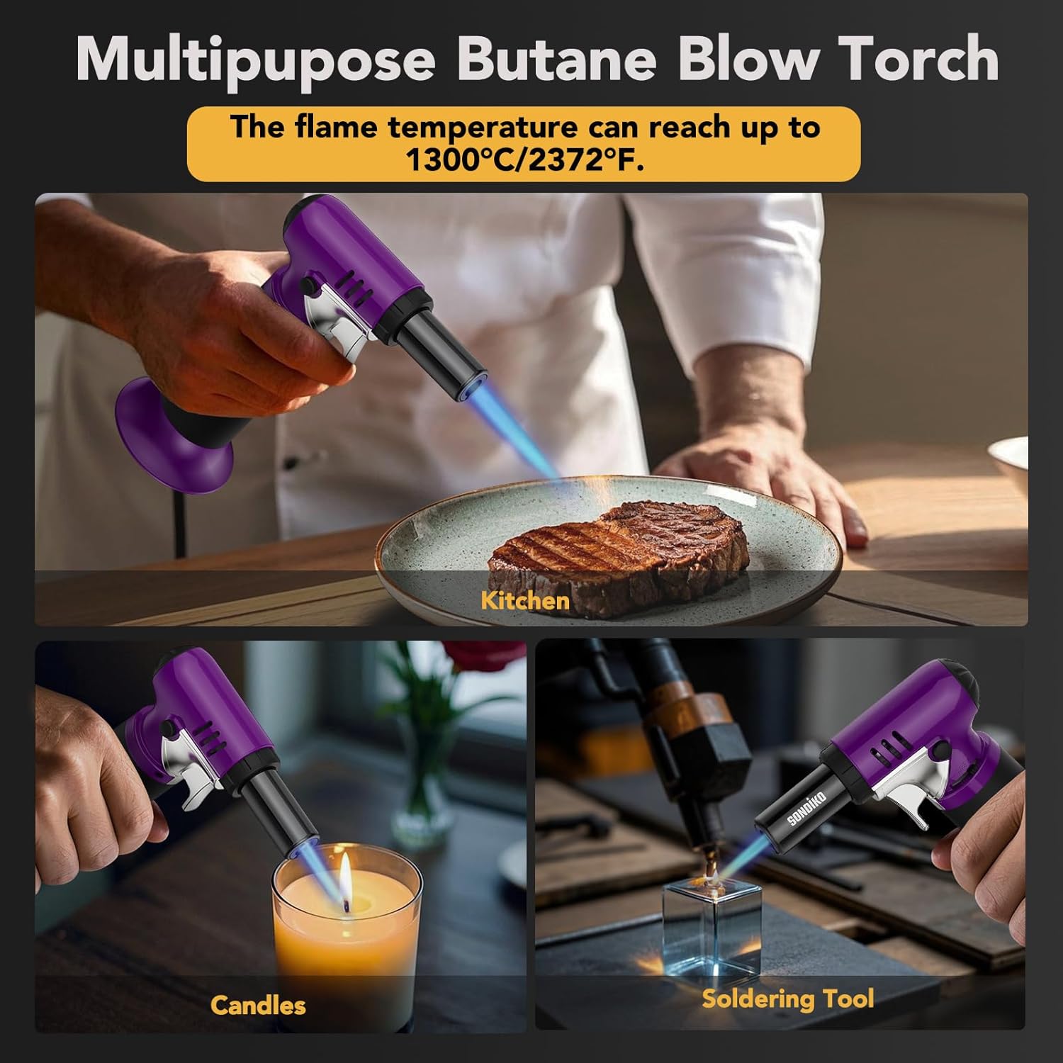Sondiko Butane Torch - Refillable Soldering Lighter with Adjustable Flame | Purple & Black Design