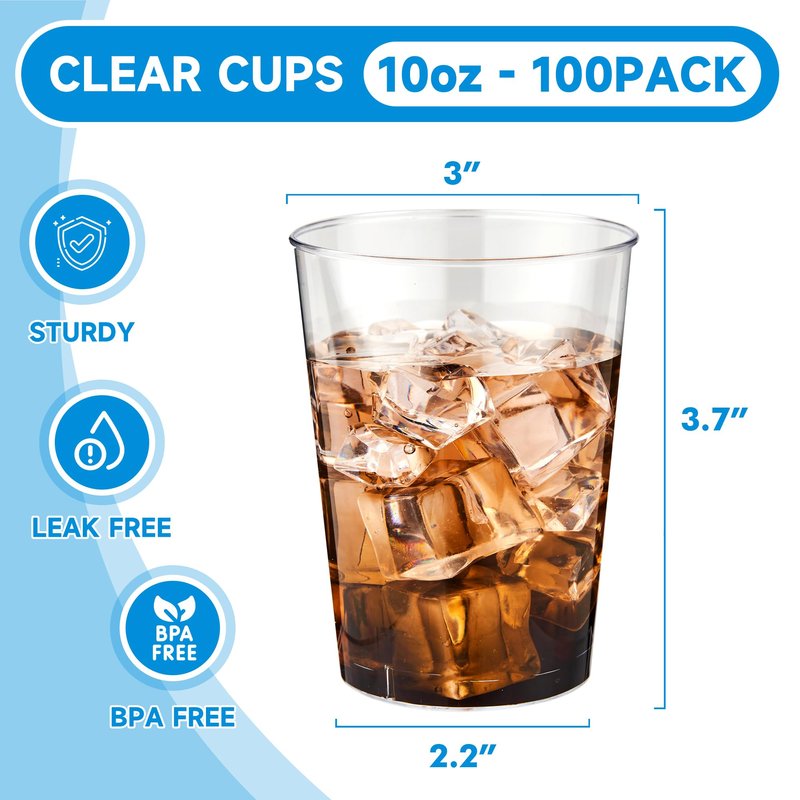 RACETOP 10 oz 100 Pack Disposable Plastic Cups, Disposable Clear Plastic Cups for Parties, Weddings, Gatherings, and Festival Events