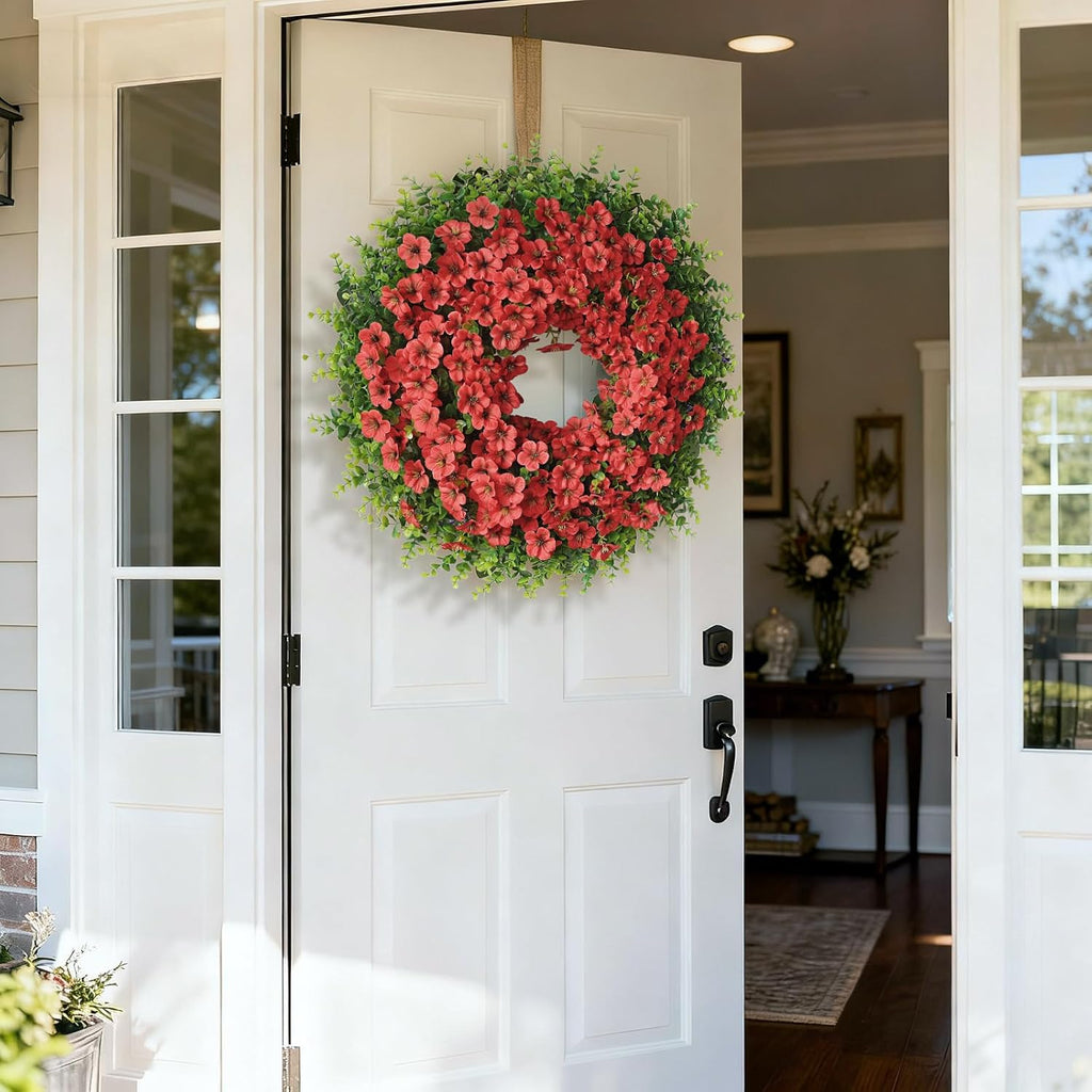 Skiennix 26" Large Artificial Eucalyptus Wreath - Realistic Silk Morning Glory Flowers for Home & Wedding Decor (Red)