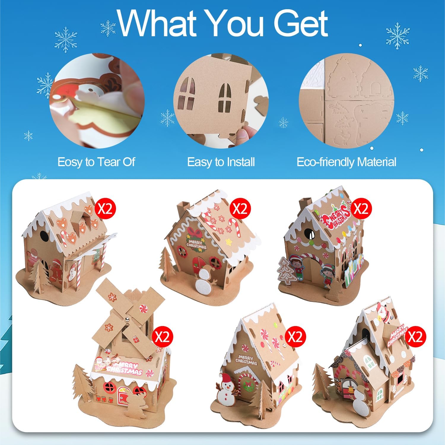 Skiennix Christmas Gingerbread House DIY Kit - 12 Pack Cardboard Houses for Kids & Adults, Festive Holiday Fun