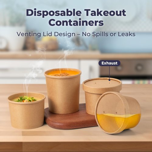 Fit Meal Prep 50 Pack 16 oz Kraft Paper Soup Containers with Vented Lid, Hot or Cold Paper Food Cups, Restaurant To Go Disposable Food Container, Ideal for Salad Stews Frozen Yogurt Ice Cream Dessert