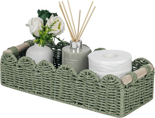 CubesLand Toilet Paper Storage Basket - Scalloped Edge Green Decor | Cozy Home Organization with 2 Wooden Handles
