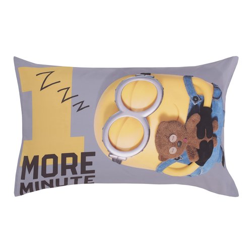 Illimuniation Lazy Minions Club Gray, Blue, Yellow, and White Let Me Sleep 4 Piece Toddler Bed Set - Comforter, Fitted Bottom Sheet, Flat Top Sheet, and Reversible Pillowcase