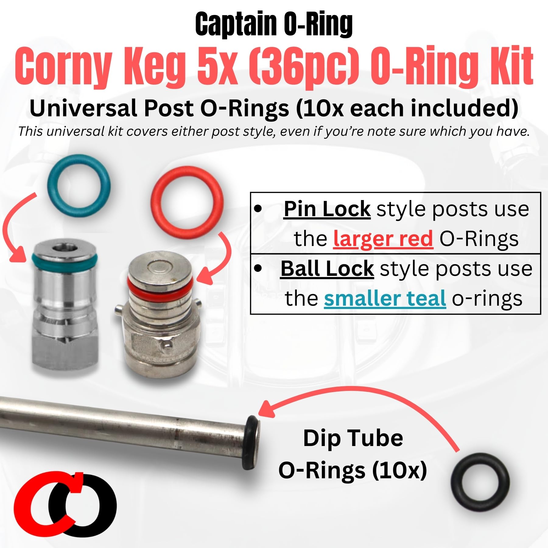 (5 Sets, 36 Piece) Color Coded Gasket Set for Cornelius Home Brew Keg [w/o-Ring Pick] - Universal Kit with Orings for Ball Lock and Pin Lock Style Kegs by Captain O-Ring